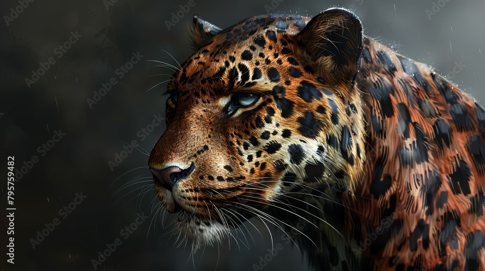 Obraz premium A tight shot of a leopard's expressive face against a dark backdrop, with raindrops cascading down