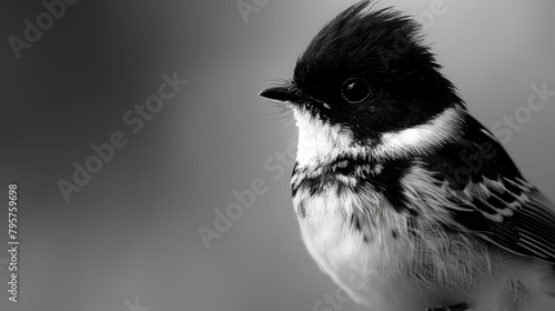  A small black-and-white bird perches on a tree branch against a monochromatic backdrop