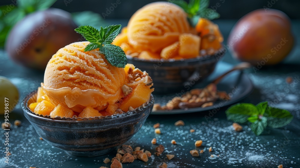 Two bowls of ice cream atop a table, adjacent to fruits similarly placed Two bowls of ice cream atop a table, adjacent to fruits similarly placed