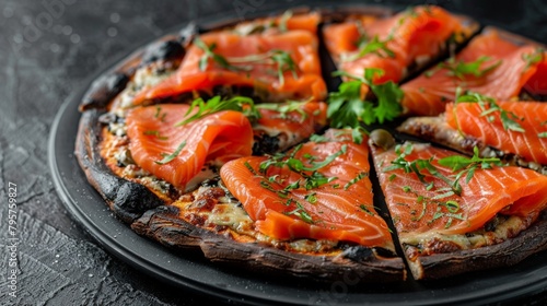 Pizza topped with salmon slices on a plate