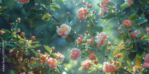 Fototapeta Naklejka Na Ścianę i Meble -  Wild roses bush in rain, on rainy waerher, water droplet on petals.