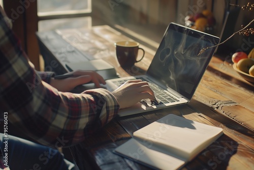 A serene home office setup with a person in a checkered shirt working on a laptop, illuminated by natural light. © Peeradontax