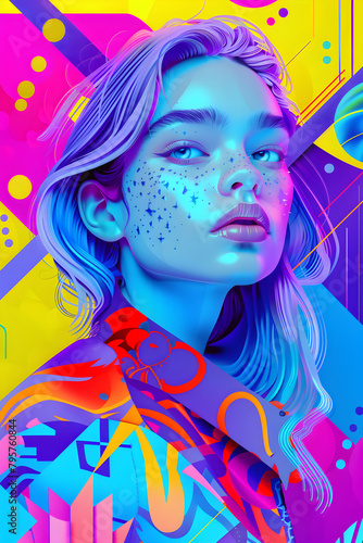 Colorful Digital Illustration of Modern Fashionista Woman with Vibrant Geometric Background. © Leonard