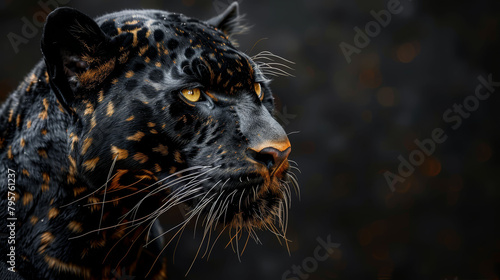  A tight shot of a black leopard's face, displaying its distinctive orange and black spots pattern in the fur