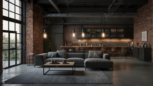 Modern loft-style living room with exposed brick walls, industrial metal beams, large factory windows, a minimalist gray sofa, and sleek metal lighting fixtures ai_generative