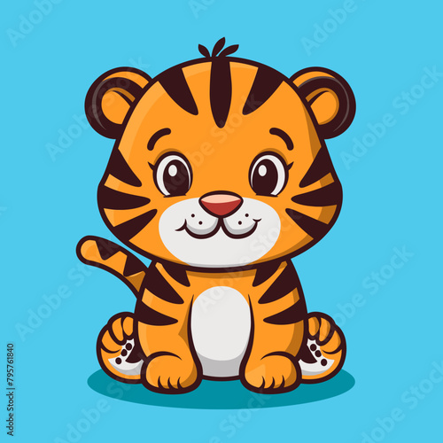 A cartoon tiger is sitting on a blue background