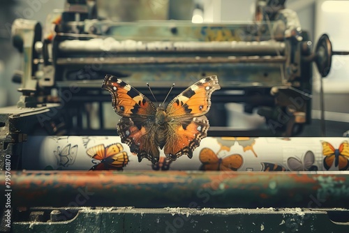 abstract butterfly print emerging from vintage printing machine creativity and innovation concept photo