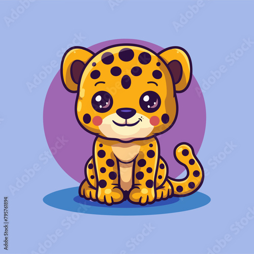 A cute cartoon leopard is sitting on a blue background. The leopard has a big smile on its face and looks very happy