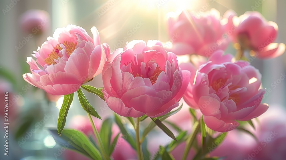 A vase filled with pink flowers, sunlit from behind the window, and a softly blurred background A vase filled with pink flowers, sunlit from behind the window, and a softly blurred background