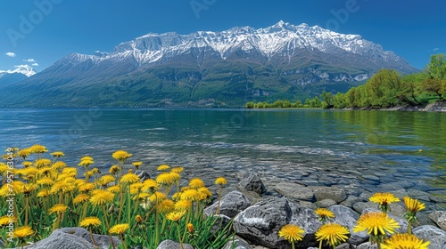   A tranquil lake encircled by stones, flowers bloom at its edge Behind, a towering mountain capped with snow photo