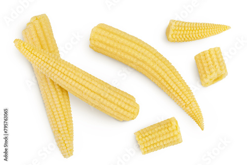Pickled young baby corn cobs isolated on white background. Top view. Flat lay