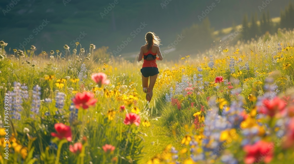 Obraz premium A female athlete in vibrant sportswear runs energetically through a field adorned with colorful wildflowers during a race. AIG41