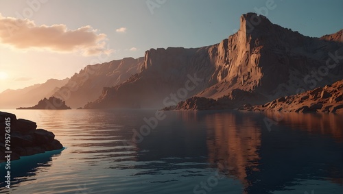  Create a futuristic 3D-rendered landscape featuring cliffs and water, exuding a modern, minimalist abstract vibe, ideal for a spiritual ambiance, accentuated by gentle hues of sunrise ai_generative