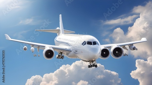 A massive aircraft displaying the elegance of contemporary aviation technology as it smoothly soars into a deep blue sky