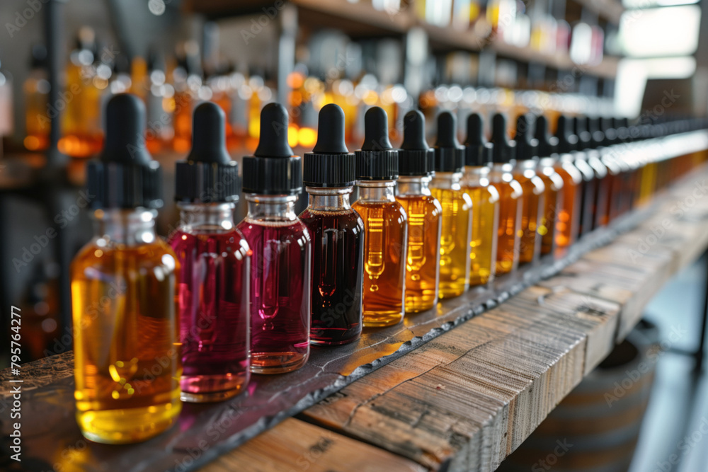 Array of cbd oil tinctures on wooden shelf in cannabis marijuana dispensary Array of cbd oil tinctures on wooden shelf in cannabis marijuana dispensary