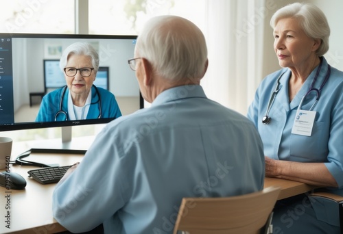 Senior man having a telehealth consultation with a nurse and doctor online. Reflects modern healthcare accessibility.