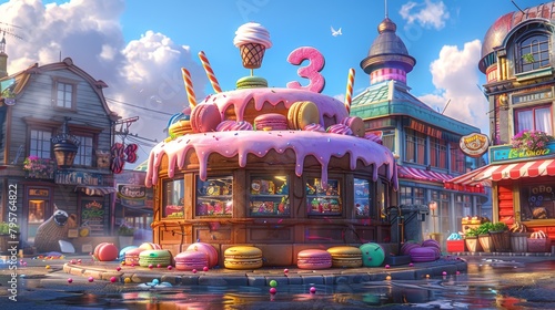   A painting of an ice cream shop situated in the heart of a bustling town, adorned with numerous scoops of ice cream photo