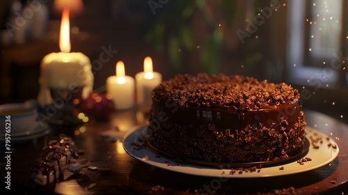 Chocolate cake with chocolate chips on a wooden table with burning candles in the background
