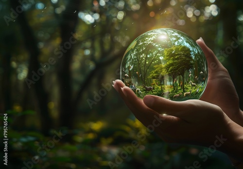 a hand holding a glass ball with trees in it
