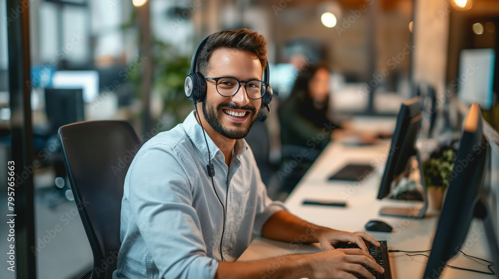 Fototapeta premium Smiling customer service representative working on computer in office