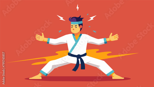 A martial artist practices the art of mental stillness and focus channeling their energy to overcome any obstacle.