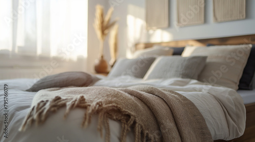 A bedroom scene with a comfortable bed covered in a textured blanket and several pillows. The soft light from the window creates a warm and inviting atmosphere.