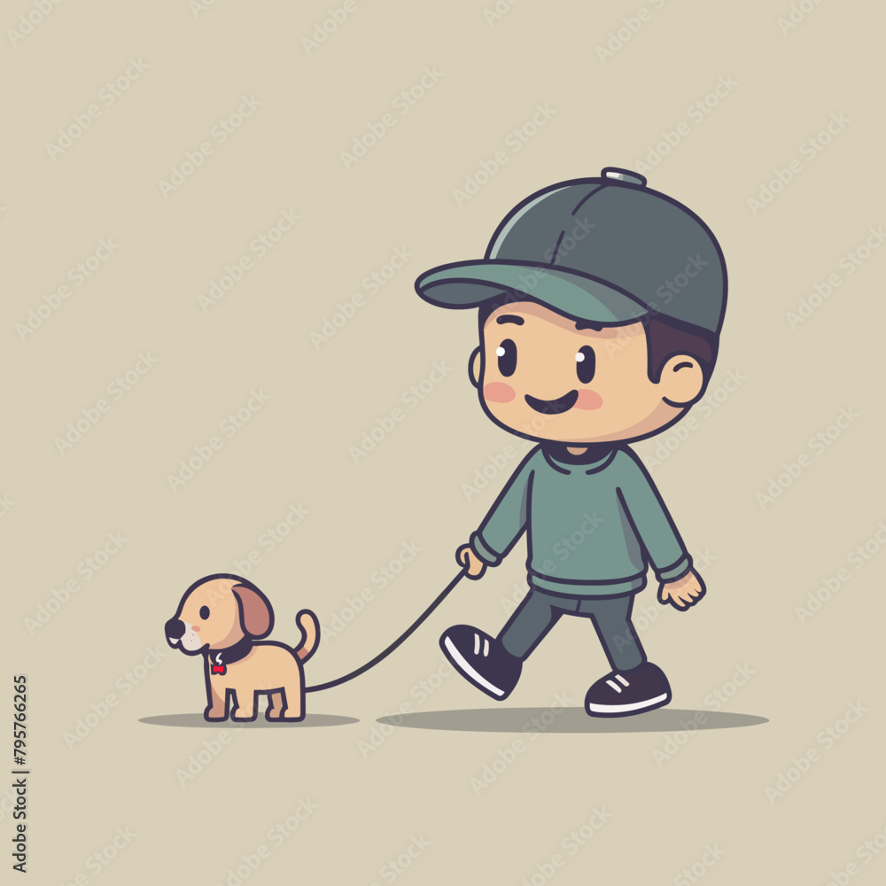 A cartoon boy is walking a dog on a leash. The boy is wearing a hat and a green shirt. The boy and the dog seem to be enjoying their walk together A cartoon boy is walking a dog on a leash. The boy is wearing a hat and a green shirt. The boy and the dog seem to be enjoying their walk together