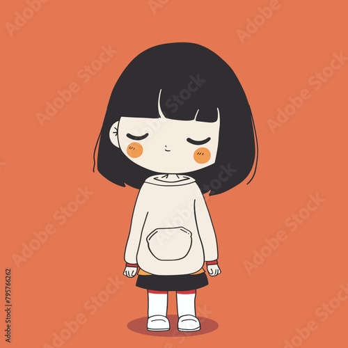 A cartoon girl is standing on a red background