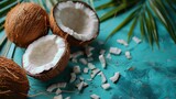   A pair of coconuts atop a table, accompanied by a palm leaf and a bowl of coconut oil