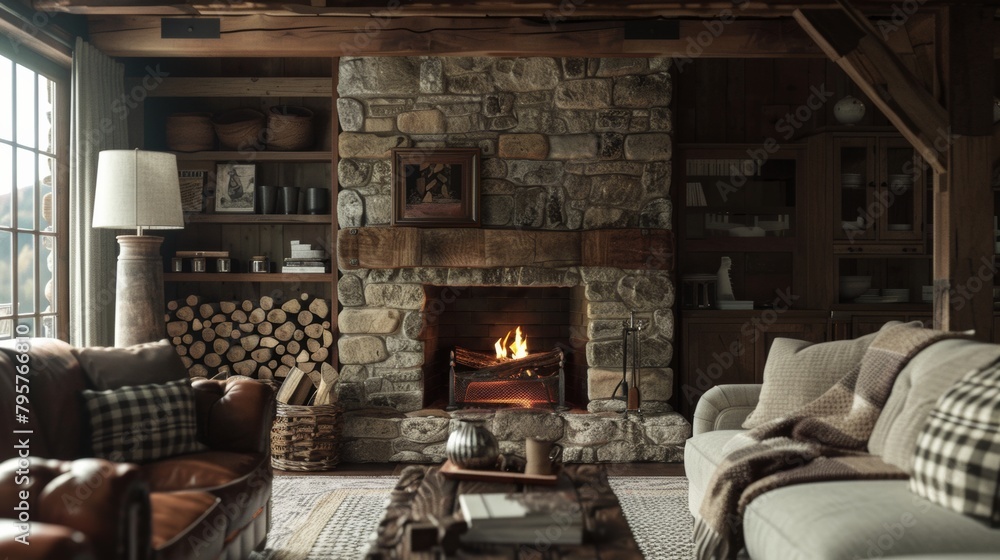 A warm, inviting living room in a cabin setting, featuring a stone fireplace and plush seating, perfect for a cozy retreat.