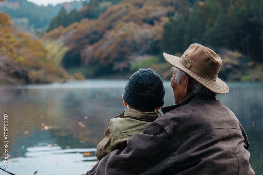 Lakeside Bonding: Grandfather and Grandchild Fishing Lakeside Bonding: Grandfather and Grandchild Fishing