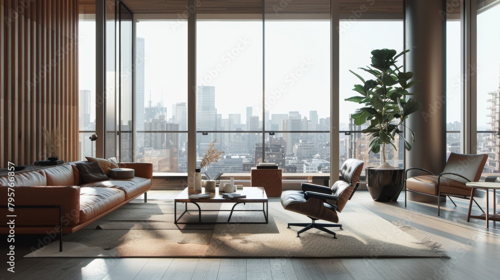 A stylishly decorated living room with floor-to-ceiling windows offers a panoramic view of the city skyline.