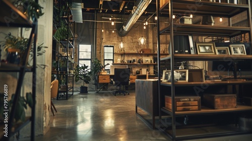 This industrial-themed home office combines functionality with urban aesthetics, highlighted by exposed brick and sleek shelving.