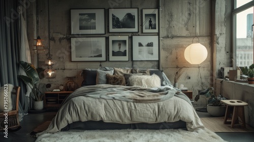 A modern bedroom design flaunting concrete walls, framed monochrome art, and ambient lighting, echoing urban sophistication. photo