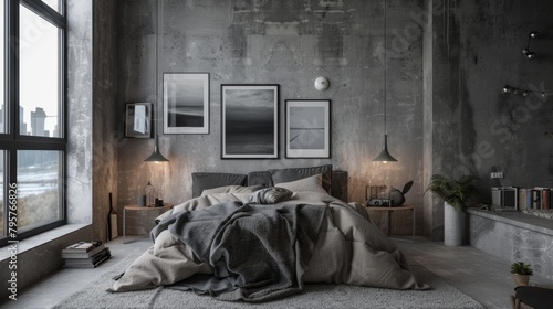 A modern bedroom design flaunting concrete walls, framed monochrome art, and ambient lighting, echoing urban sophistication. photo