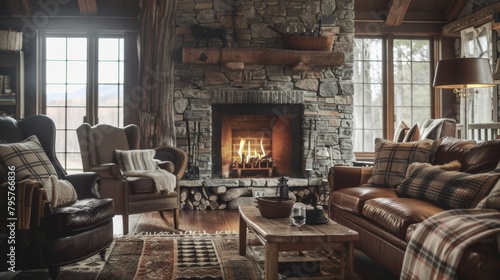 A warm, inviting living room in a cabin setting, featuring a stone fireplace and plush seating, perfect for a cozy retreat. © Jaemie