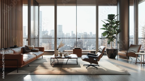 A stylishly decorated living room with floor-to-ceiling windows offers a panoramic view of the city skyline. © Jaemie