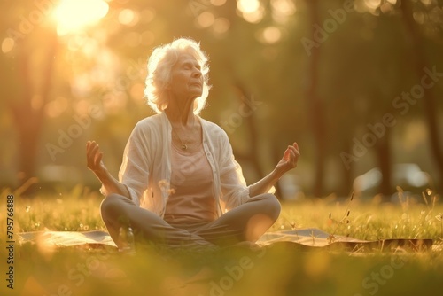 An elderly woman finds peace in a sunset meditation session amidst the tranquility of nature.