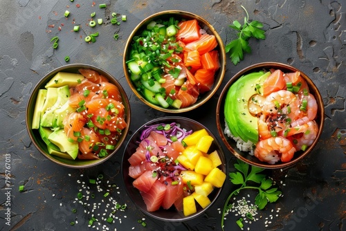 assorted hawaiian poke bowls with tuna salmon shrimp avocado mango and vegetables healthy seafood meal top view food photography 7