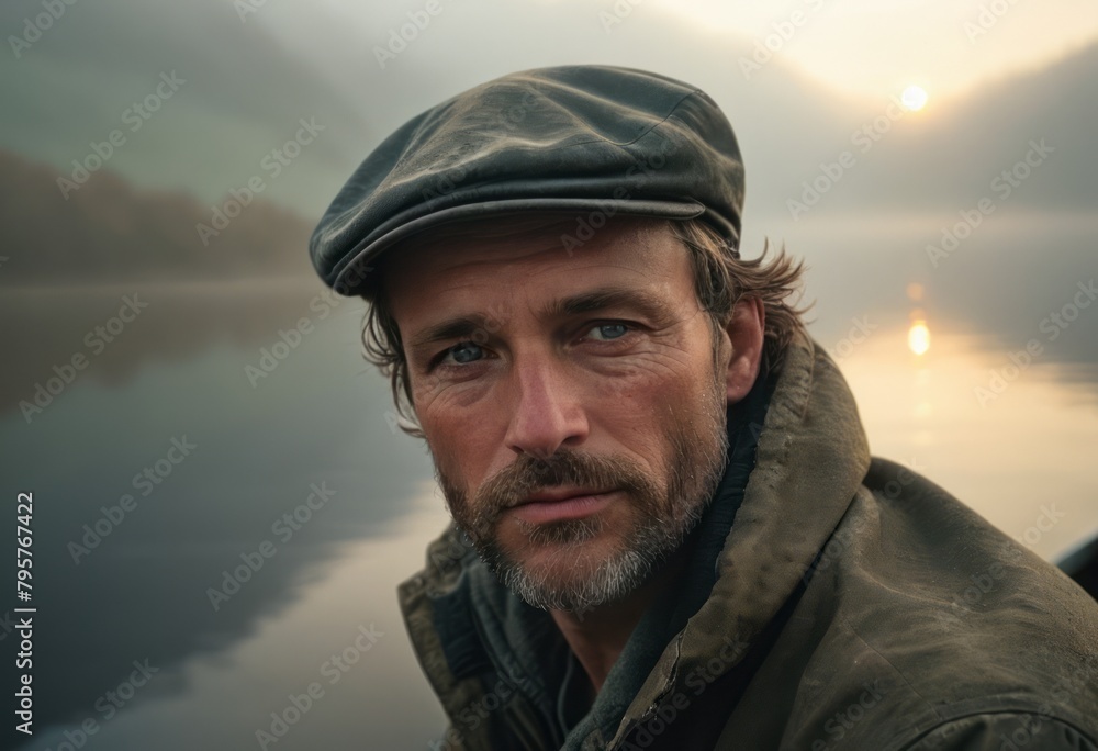 A pensive fisherman by the lake at dawn, exuding a sense of calm and reflection. The soft morning light enhances the tranquil scene. A pensive fisherman by the lake at dawn, exuding a sense of calm and reflection. The soft morning light enhances the tranquil scene.