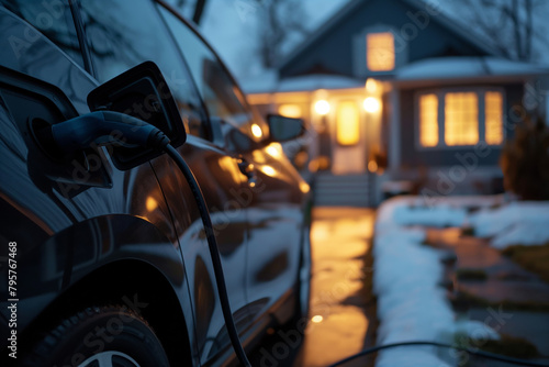 electric car charging in a residential driveway at dusk. The focus is on the charging plug inserted into the car  emphasizing the theme of sustainable transportation.