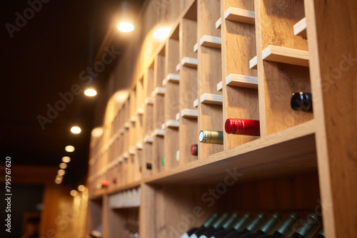 Building facade with hardwood shelving holding row of wine bottles
