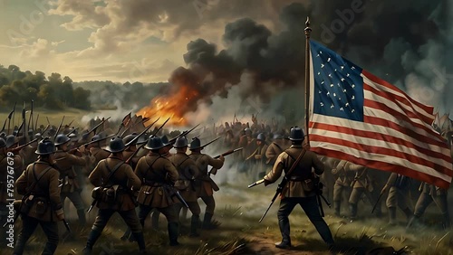  American soldiers engaged in battle against the British army during the American Revolutionary War in 1776, illustrating the historic struggle for independence and the birth of the United States  photo