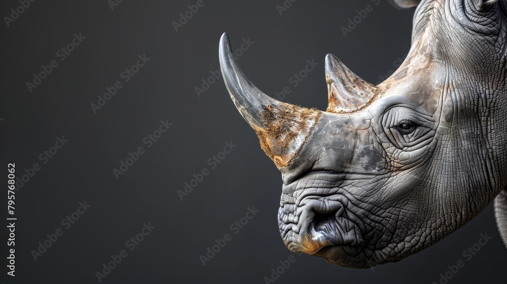   A tight shot of a rhino's face against a black backdrop, its head subtly blurred behind