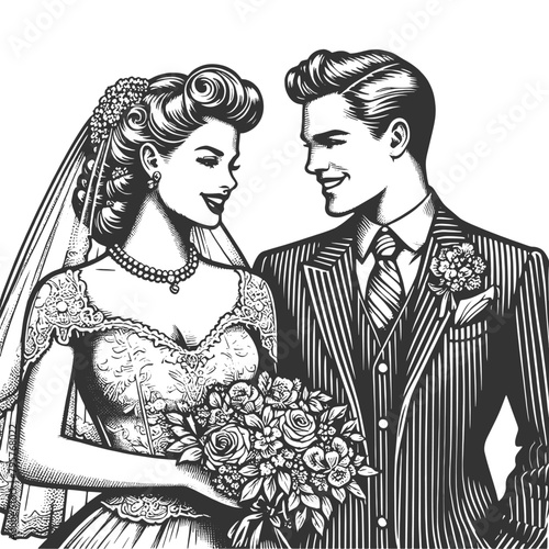 vintage bride and groom, elegantly dressed, exuding timeless wedding day joy sketch engraving generative ai fictional character vector illustration. Scratch board imitation. Black and white image.