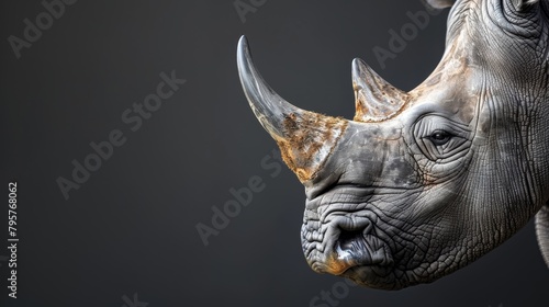   A tight shot of a rhino's face against a black backdrop, its head subtly blurred behind photo