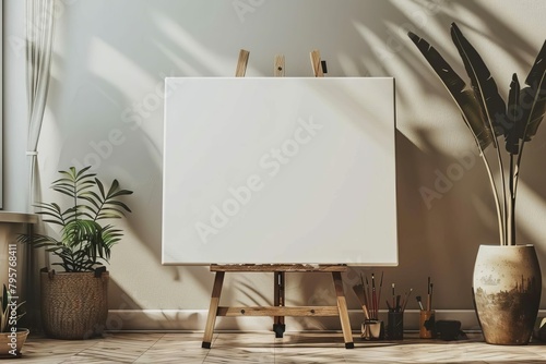 black easel with blank white canvas art studio mockup painting exhibition display digital illustration