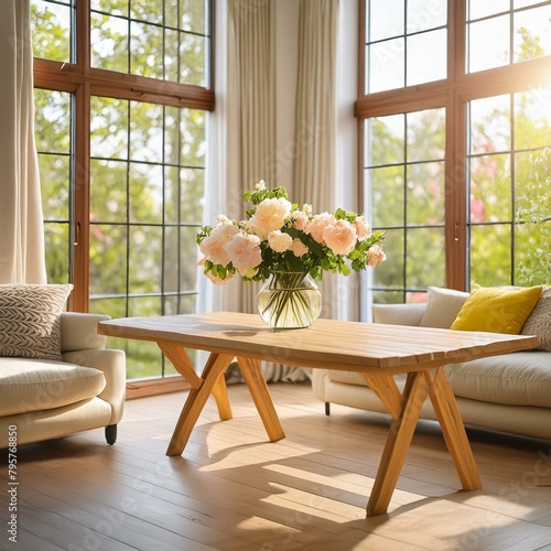 living room an empty light wooden table adorned with fresh flowers  windows that bathe the space in natural light.