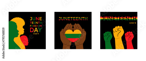 Juneteenth holiday is freedom day, liberation from slavery June 19. Set of square banner for social networks. Vector stock illustration.