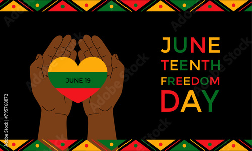 Freedom day Juneteenth of june 19.Freedom from slavery day.African american man's hands holding a heart.Horizontal banner with text.Vector stock illustration.